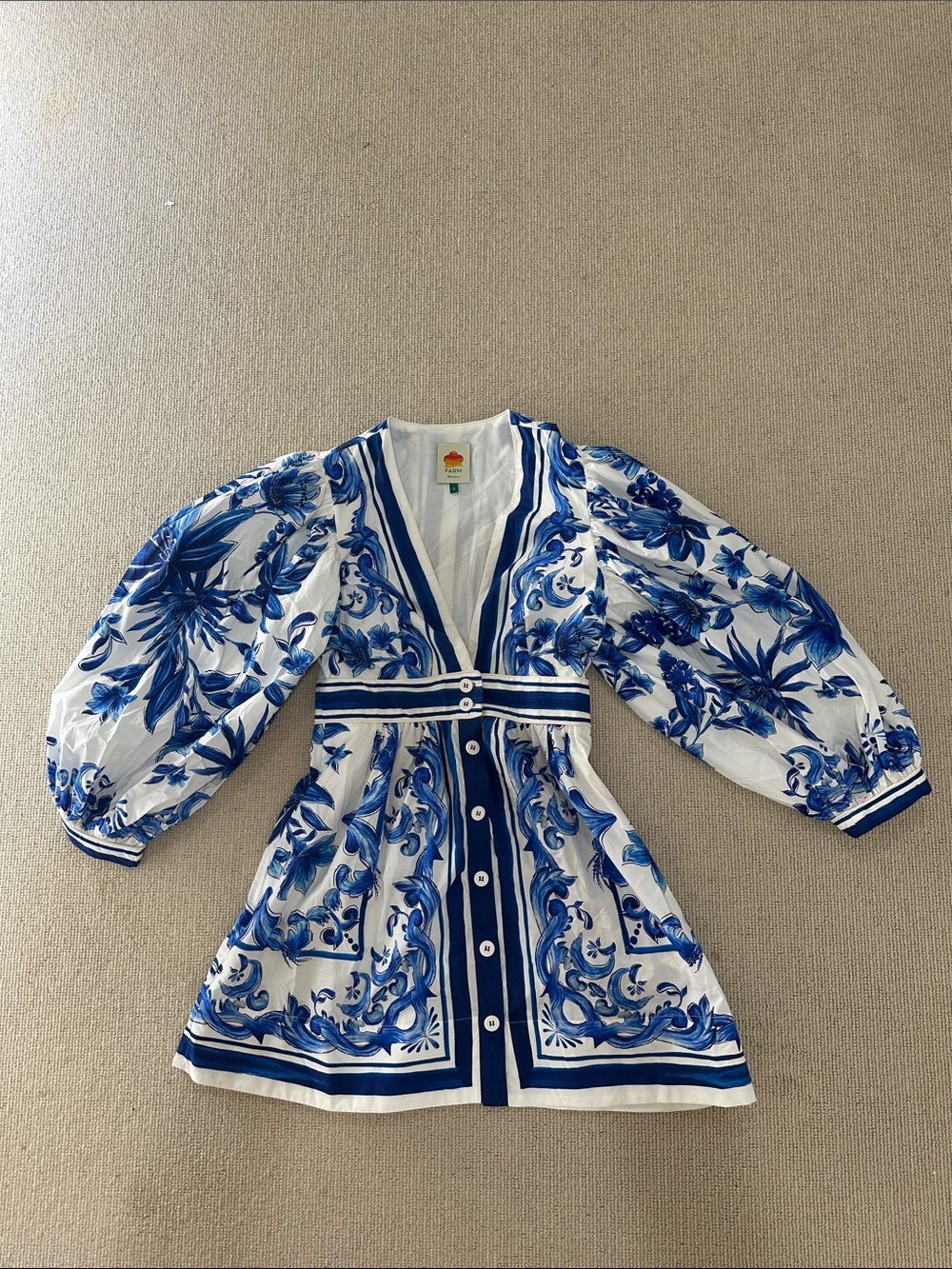 Farm Rio Blue & White Floral Button-Front Mini Dress small